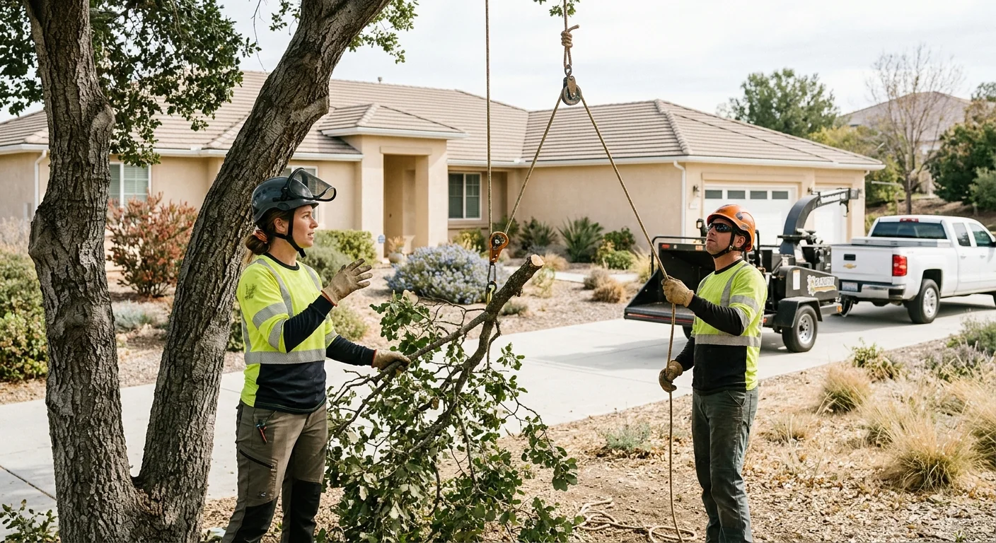 Tree service crew reviewing a plan at a Castaic home