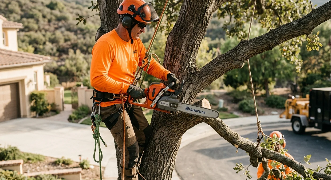 Crew removing storm-damaged limbs from a residential tree along a Castaic driveway