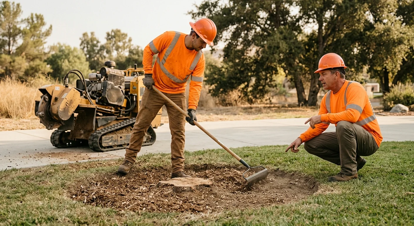 Freshly ground stump reduced below grade with cleared surrounding soil
